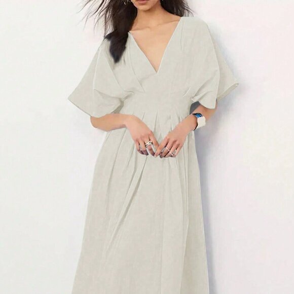 Apricot Casual Women's V-Neck Waist-Cinching Pleated Batwing Long Dress - Picture 4 of 5